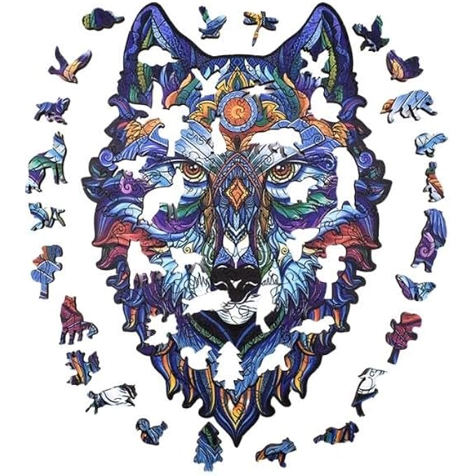 WOODEN JIGSAW PUZZLES, 3D WOODEN ANIMALS SHAPED PUZZLES, BEST GIFT FOR ADULTS AND KIDS DIY PUZZLE PIECE, COLORFUL UNIQUE SHAPED WOLF PUZZLES A5-5.8 X 8.2 IN (A5-WOLF 1) - Image 3